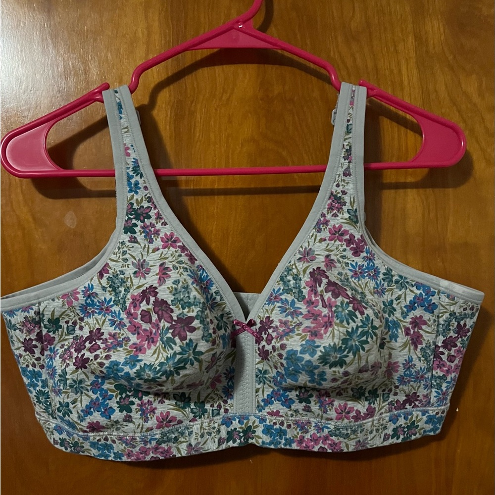 40DD, Lane Bryant, Cotton no wire bra, grey with multi-color flowers